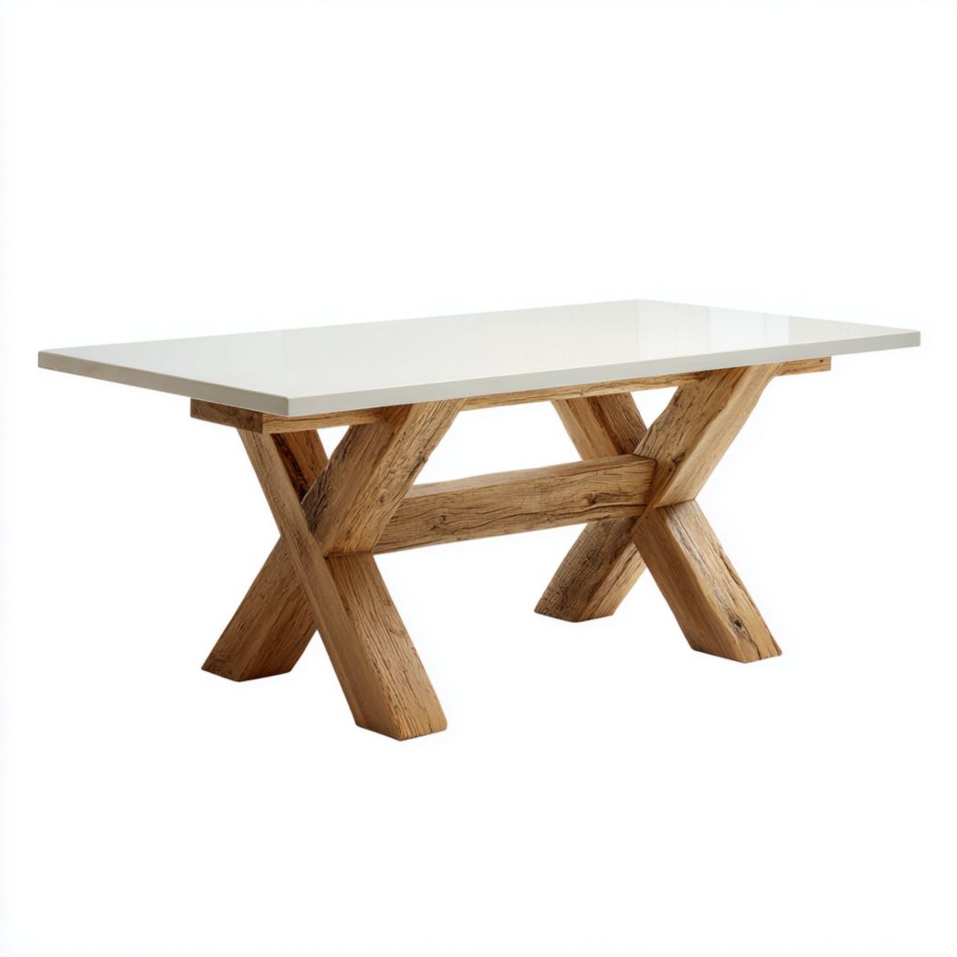 Table à manger rectangulaire blanche avec pieds croisés en bois marron clair