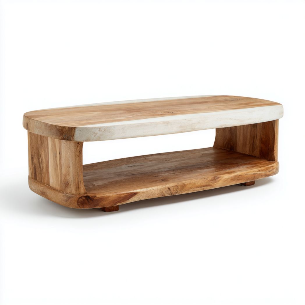 Table basse rectangulaire en bois brun clair avec espace de rangement