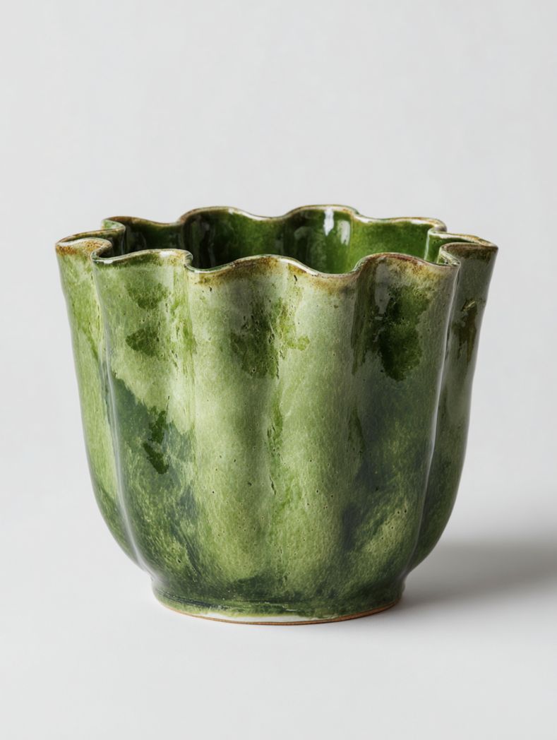 Cache-pot en céramique émaillée verte à bord ondulé