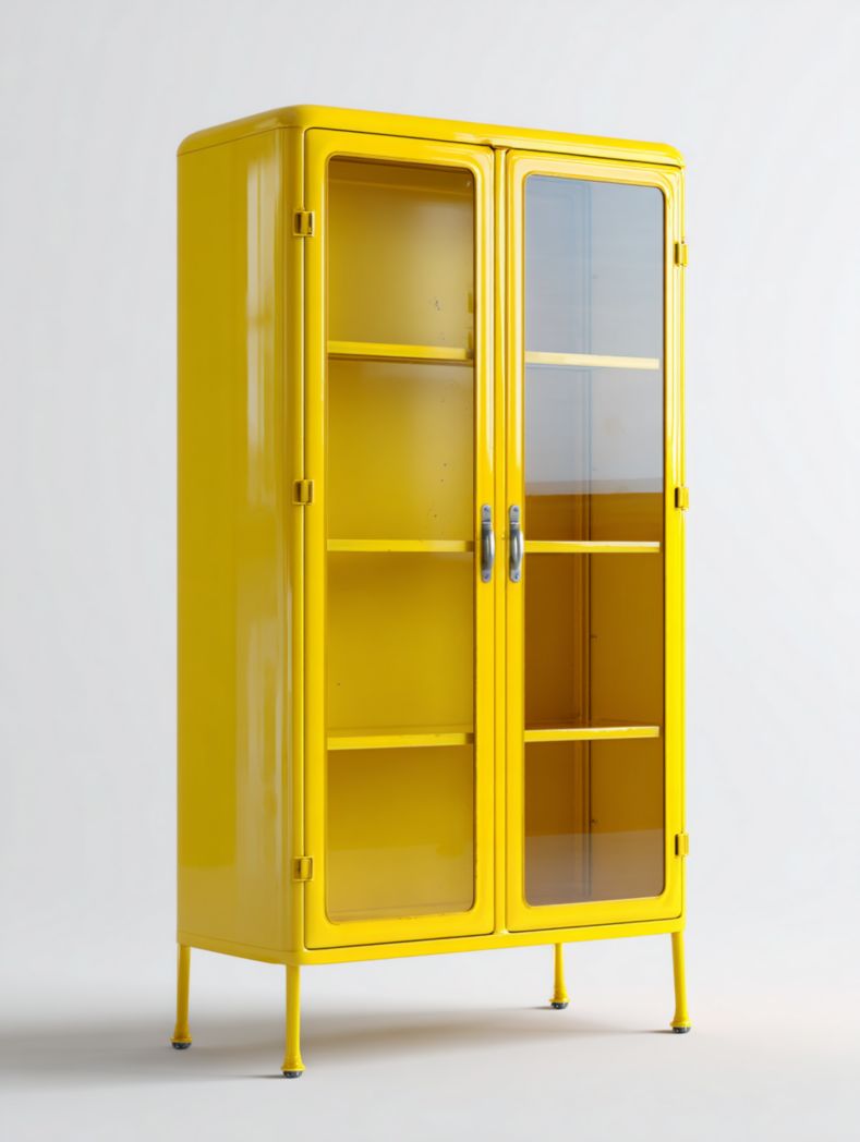 Vitrine jaune avec portes vitrées et étagères assorties