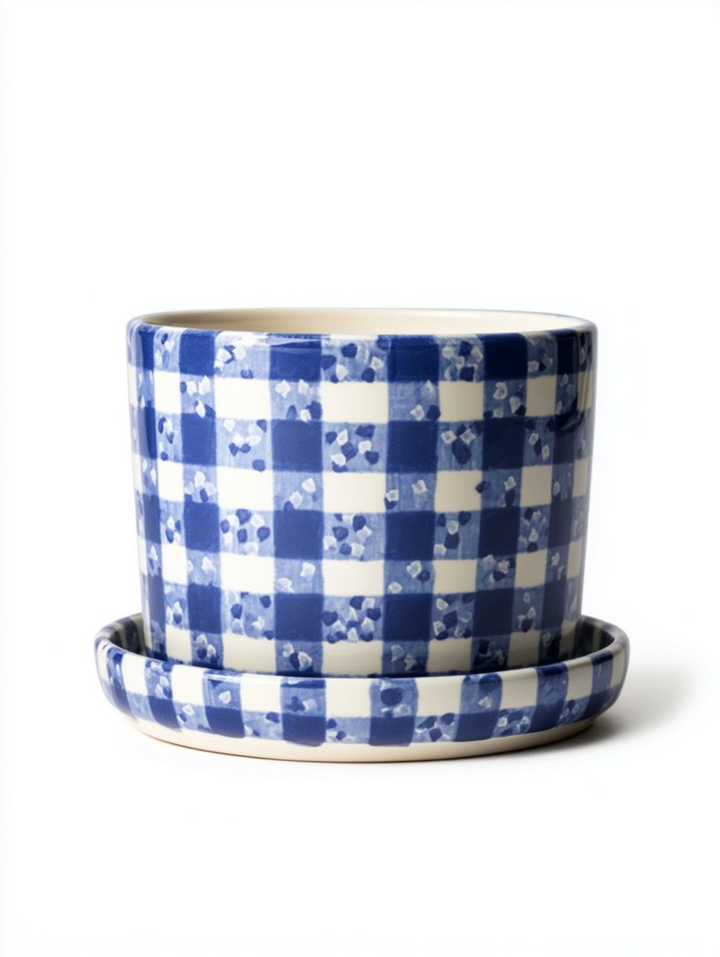 Cache-pot en céramique à carreaux bleus et blancs avec soucoupe