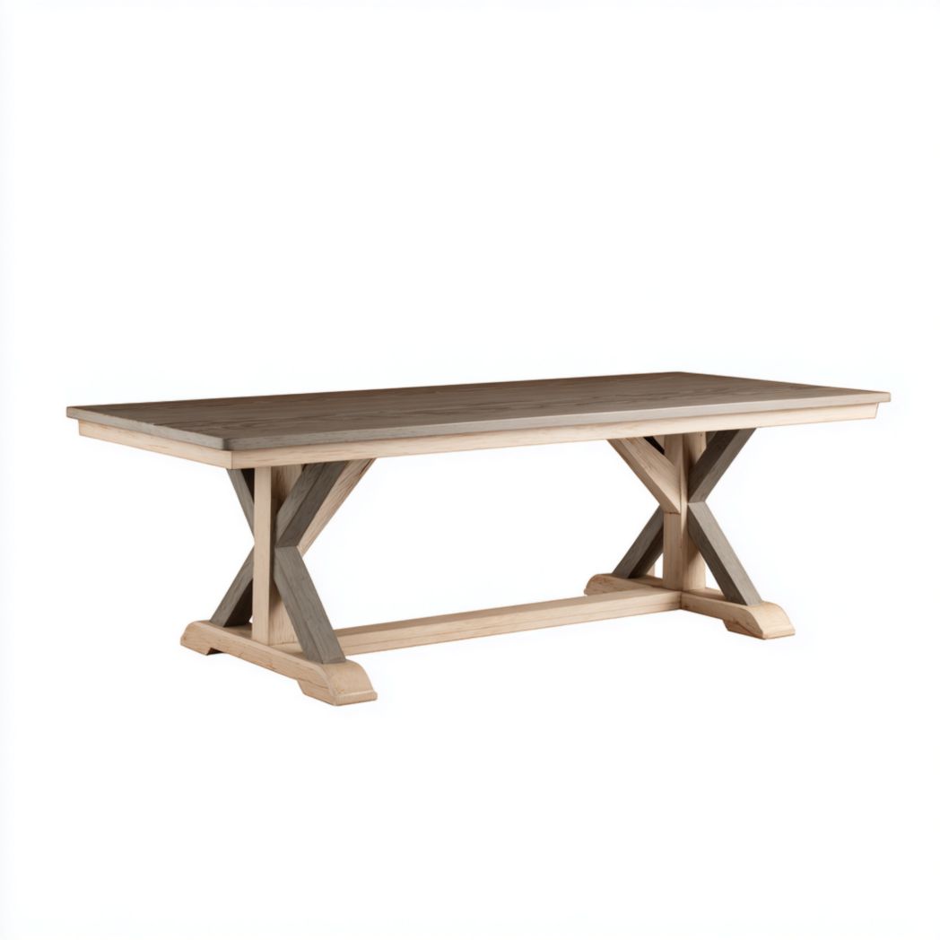 Table de jardin rectangulaire avec plateau brun clair et structure grise