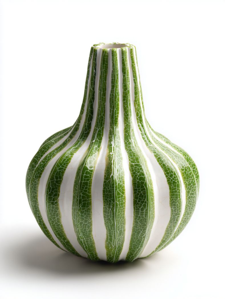 Vase en céramique à rayures vertes et blanches avec finition émaillée