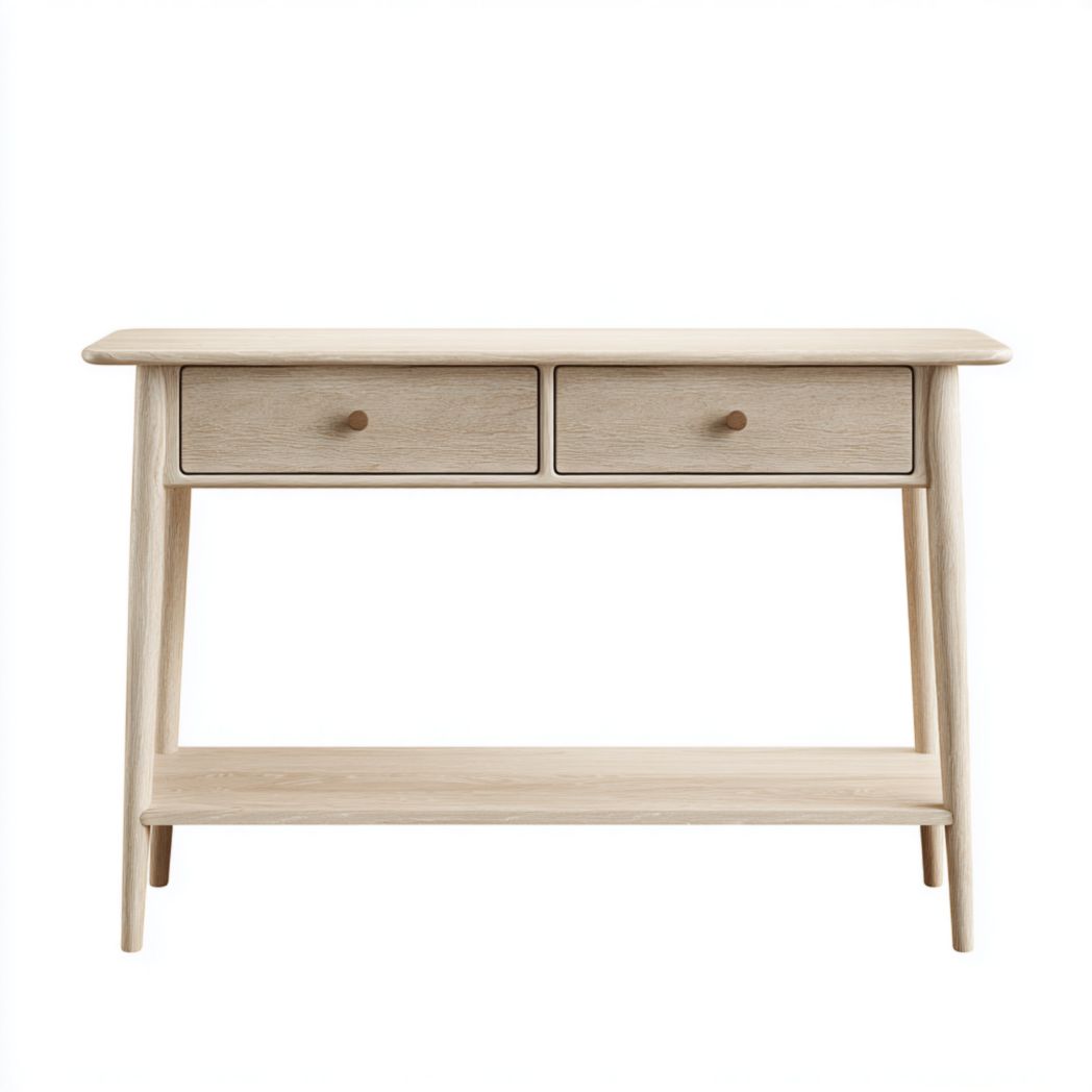 Console beige clair avec tiroirs et poignées marron