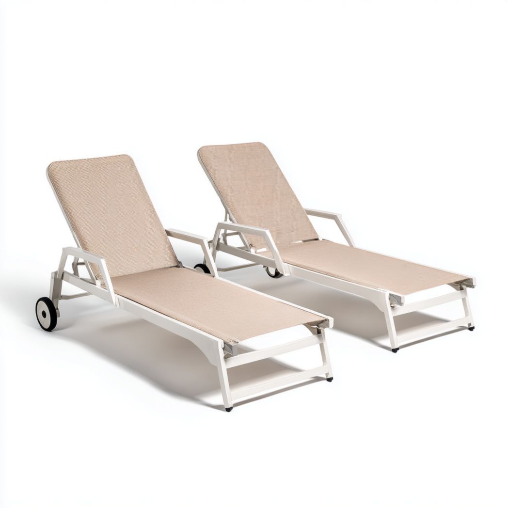 Lot de 2 bains de soleil réglables en aluminium blanc avec roues bord noir et toile en textilène beige