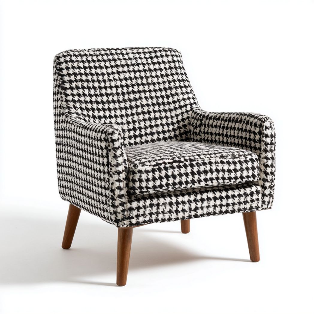 Fauteuil en tissu à motif pied-de-poule noir et blanc