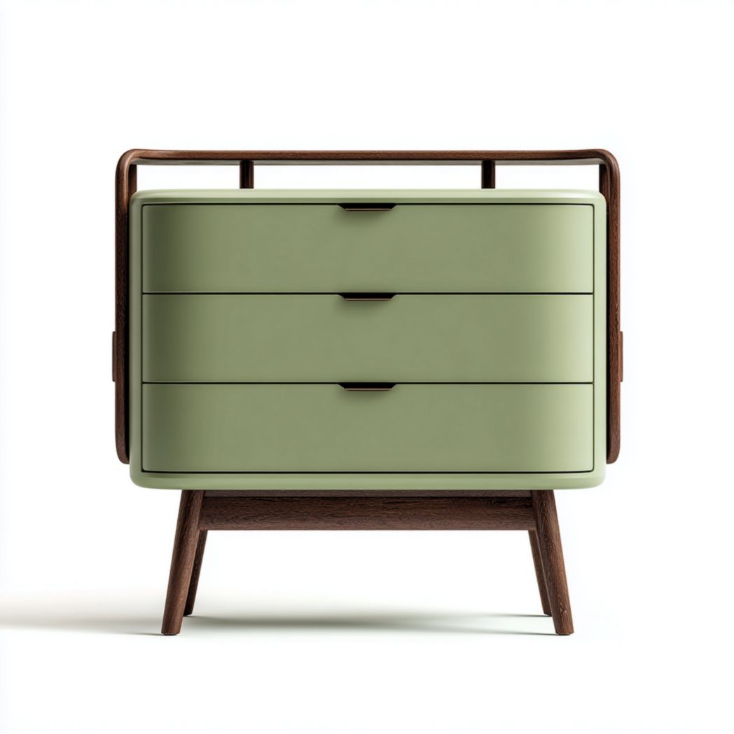 Commode à trois tiroirs gris-vert avec cadre marron foncé