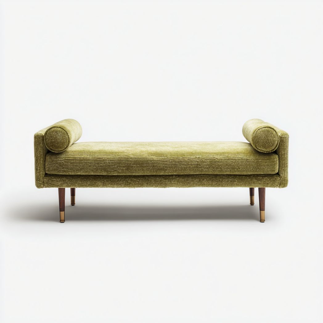 Banc en velours côtelé vert avec pieds en bois massif