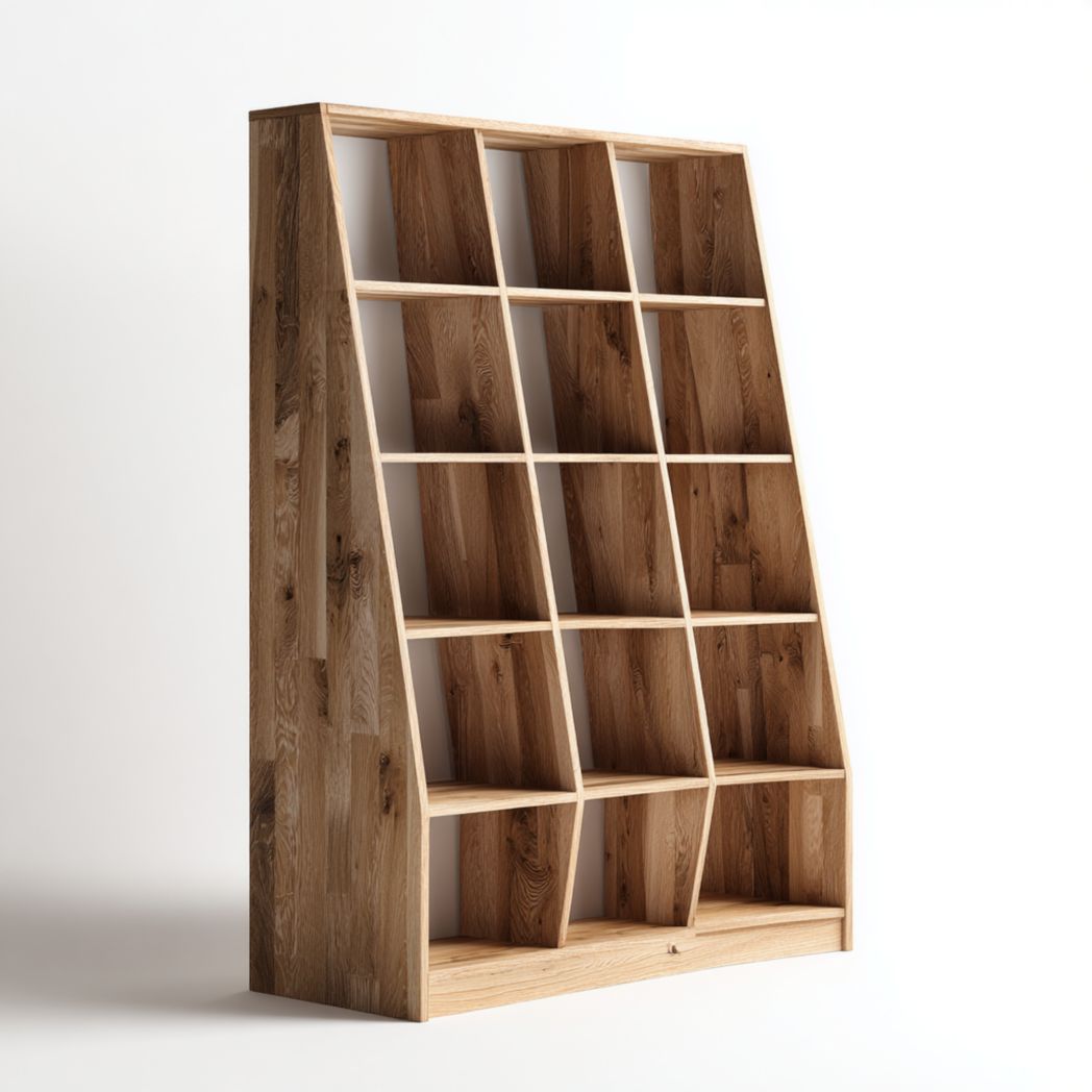 Bibliothèque en bois à casiers multiples avec design incliné