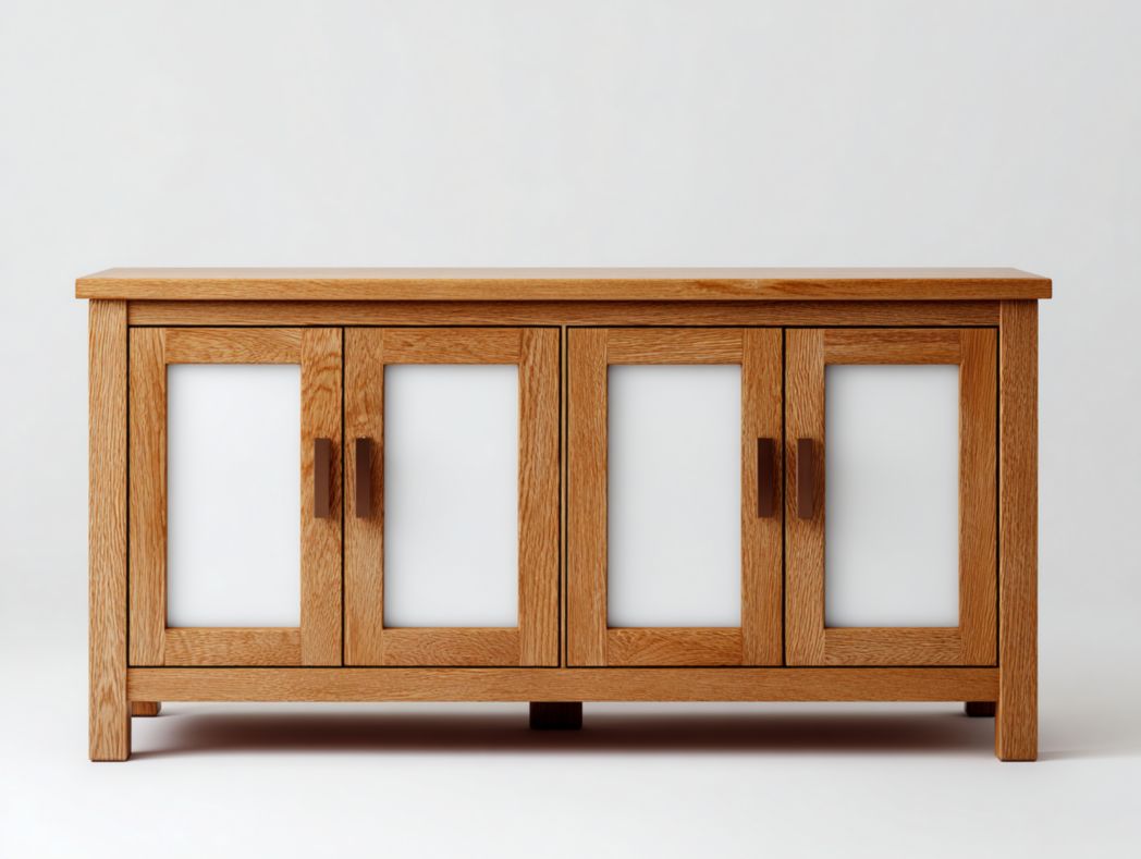 Meuble TV en chêne à quatre portes avec poignées marron