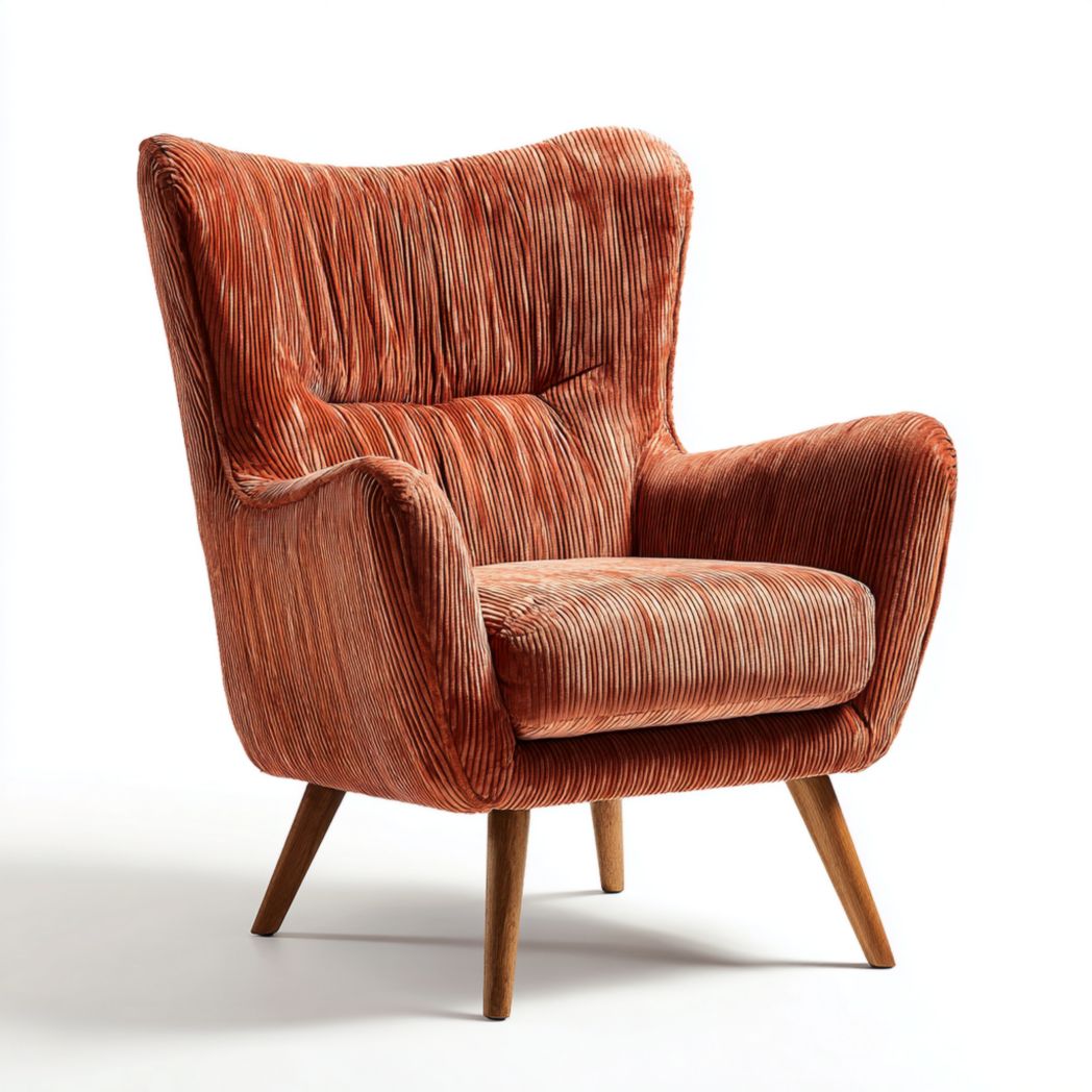 Fauteuil haut en velours côtelé orange avec pieds en bois