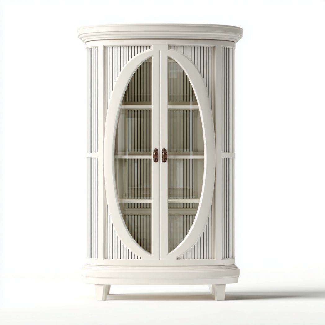 Vitrine de rangement en bois massif blanc à portes transparentes et forme arrondie