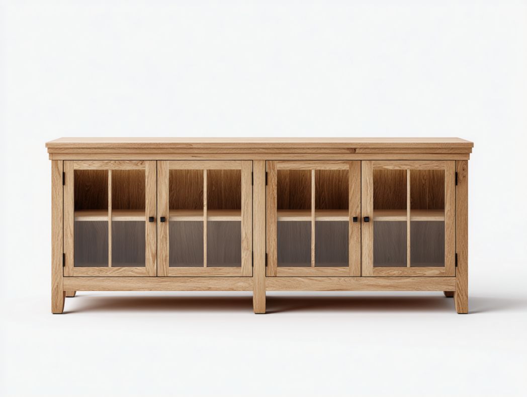 Meuble TV en bois clair avec portes vitrées – Quatre portes et poignées noires