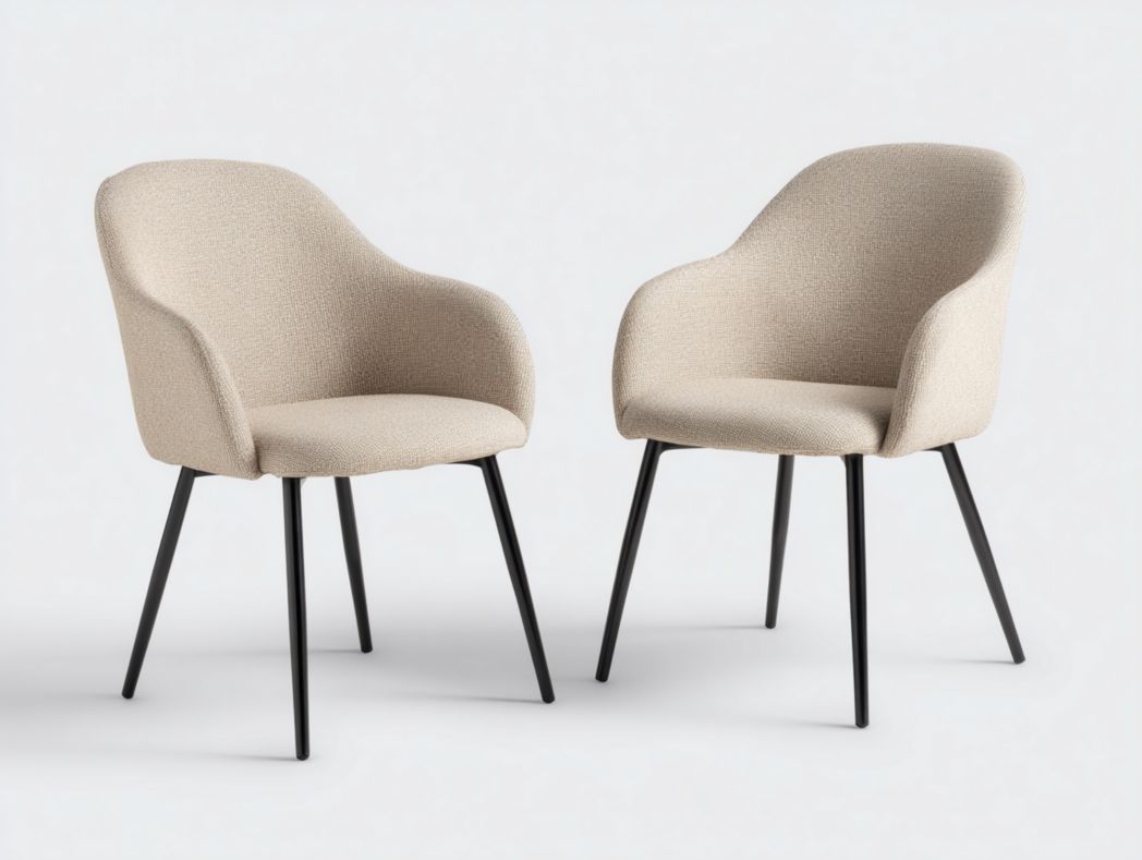 Lot de 2 chaises de salle à manger avec accoudoirs en tissu beige et pieds en métal noir