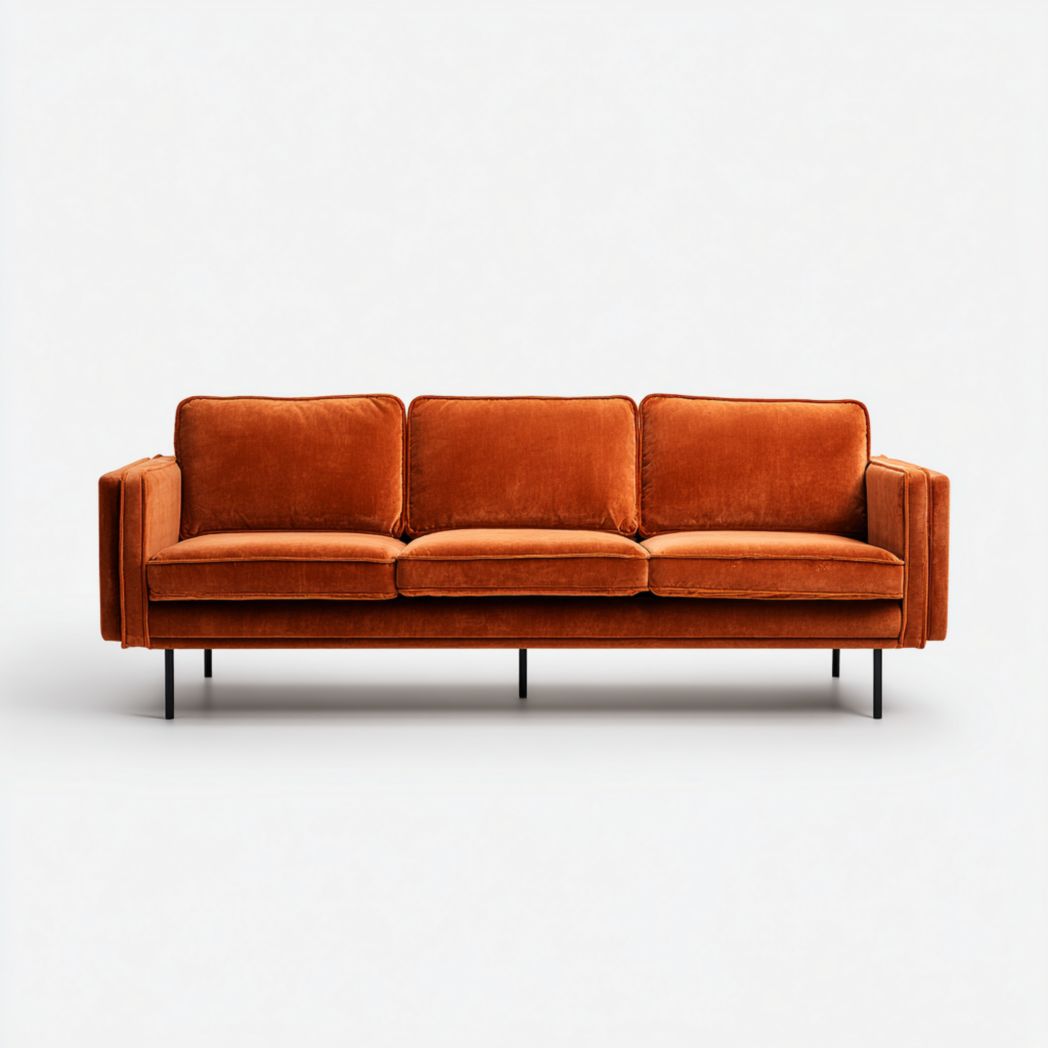Canapé 3 places en velours orange brun avec pieds noirs