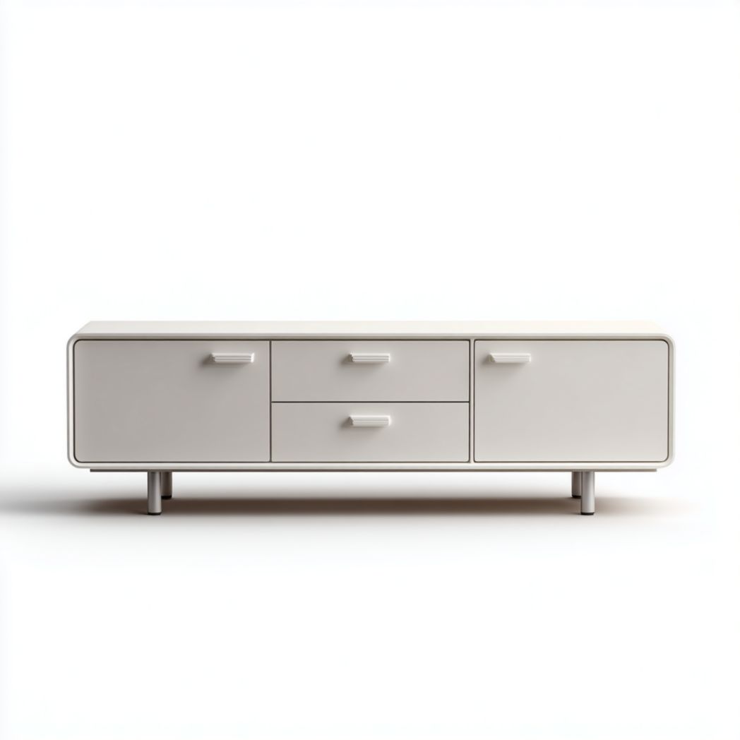 Meuble TV blanc cassé — poignées blanches et design d'armoire aux coins arrondis