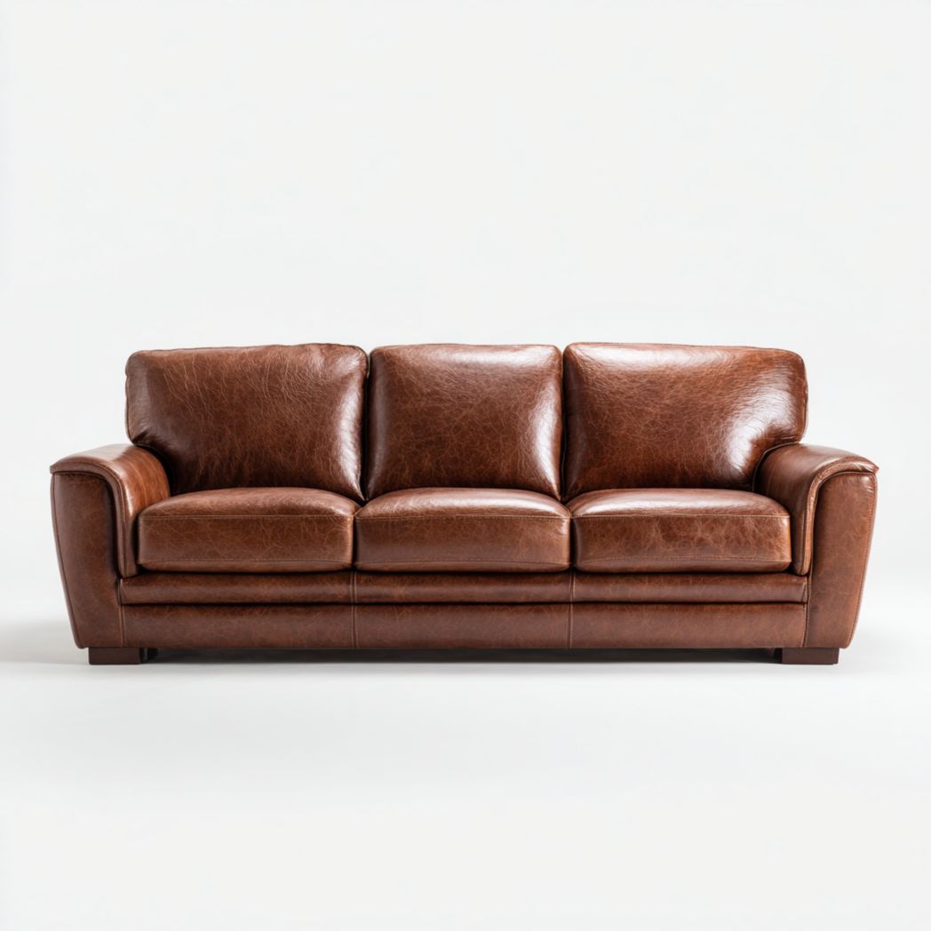 Canapé 3 places en cuir marron avec accoudoirs arrondis