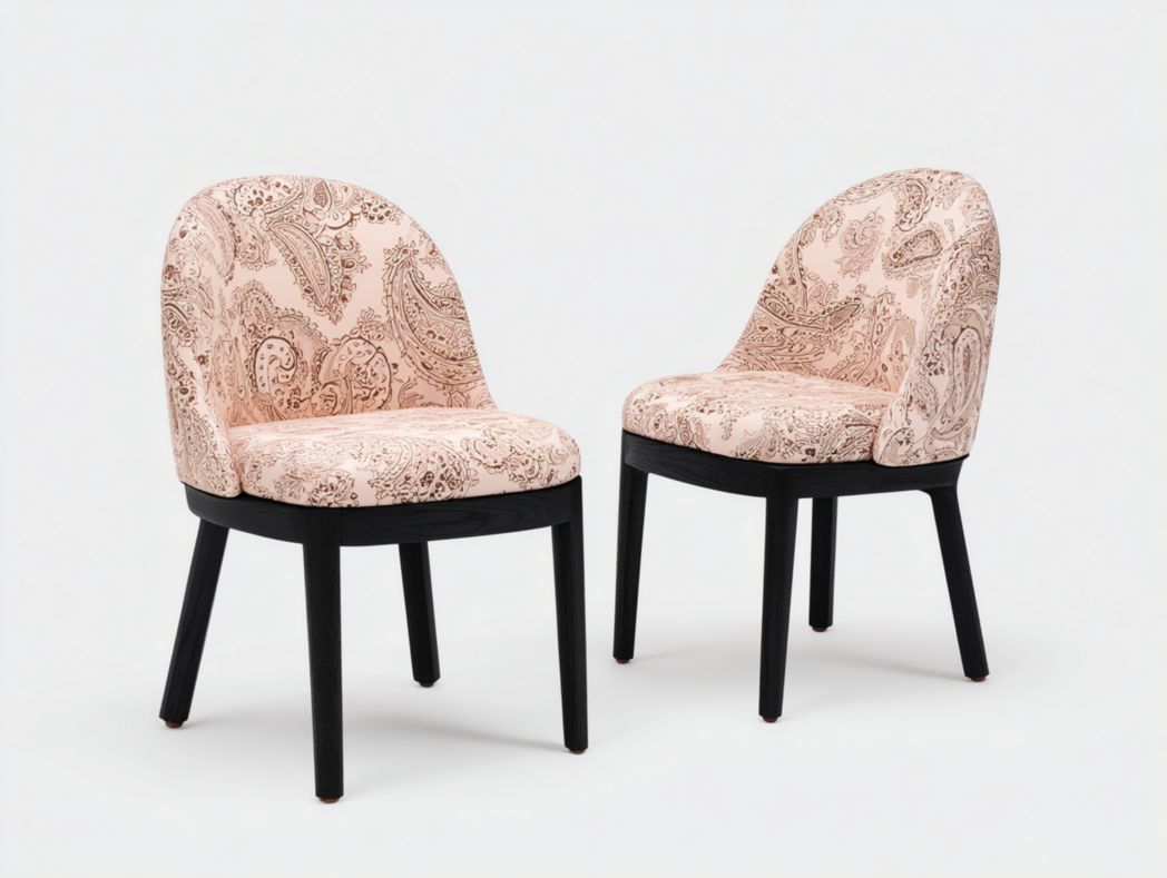 Lot de 2 chaises de salle à manger en tissu imprimé rose clair avec pieds en bois noir