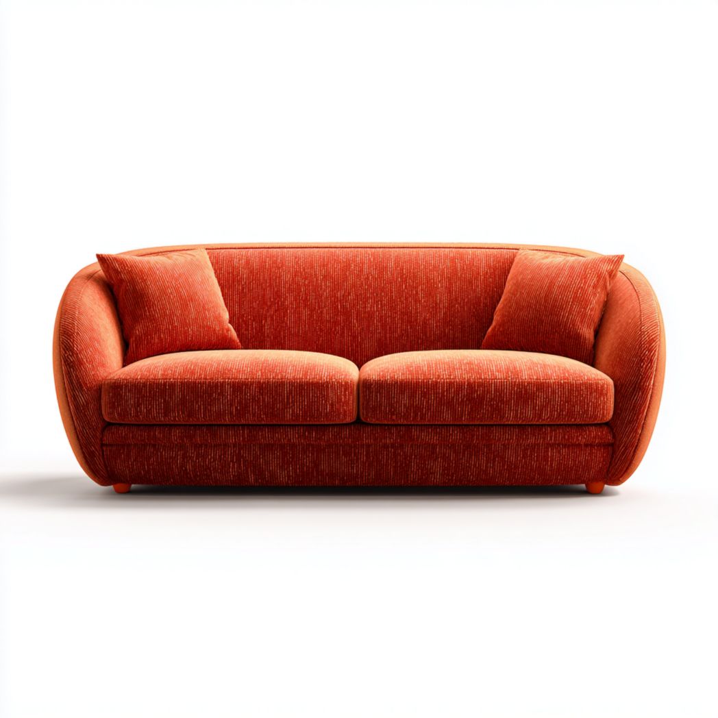Canapé 3 places en tissu orange avec deux coussins et base assortie