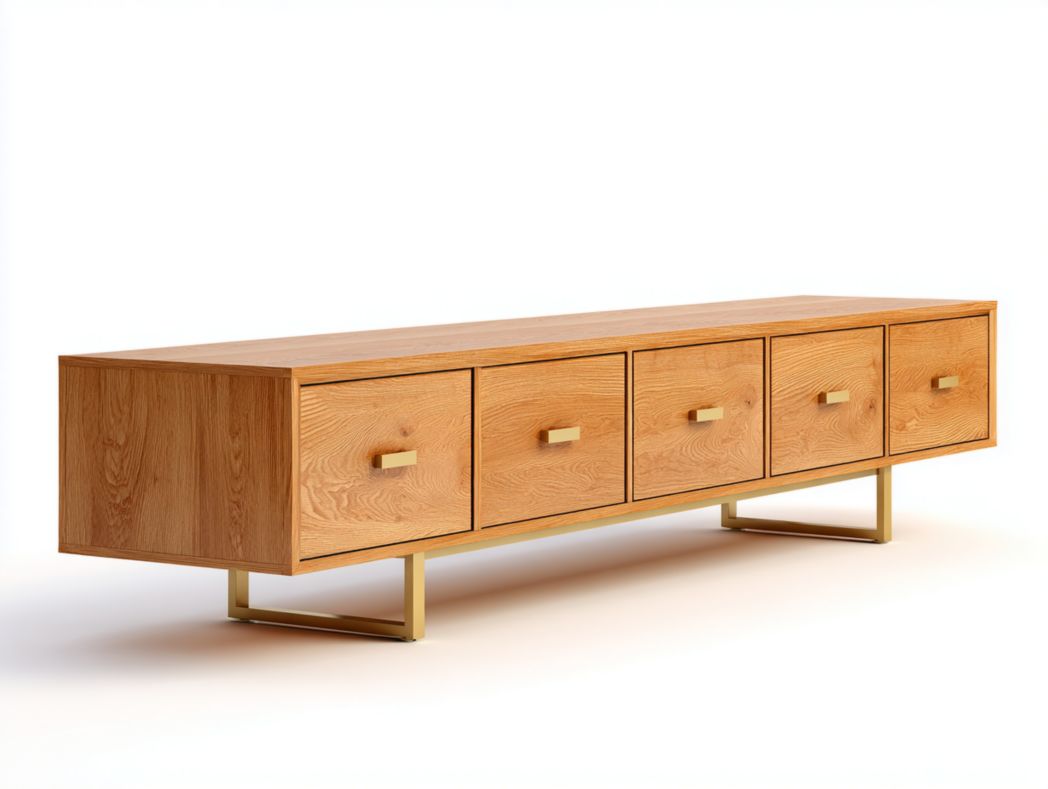 Meuble TV en bois massif marron clair - cinq tiroirs avec base et poignées en métal doré