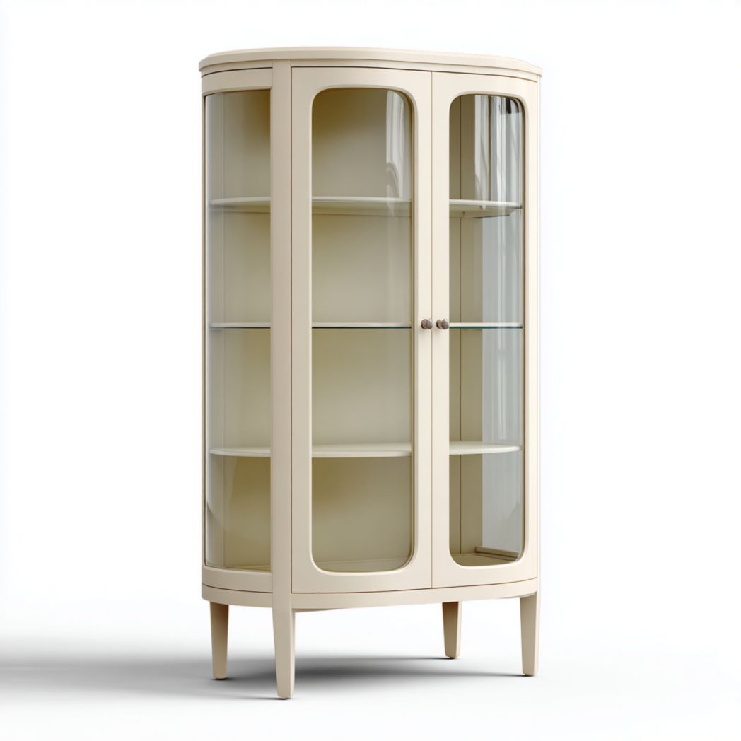 Vitrine de rangement en bois massif beige à portes transparentes et forme arrondie