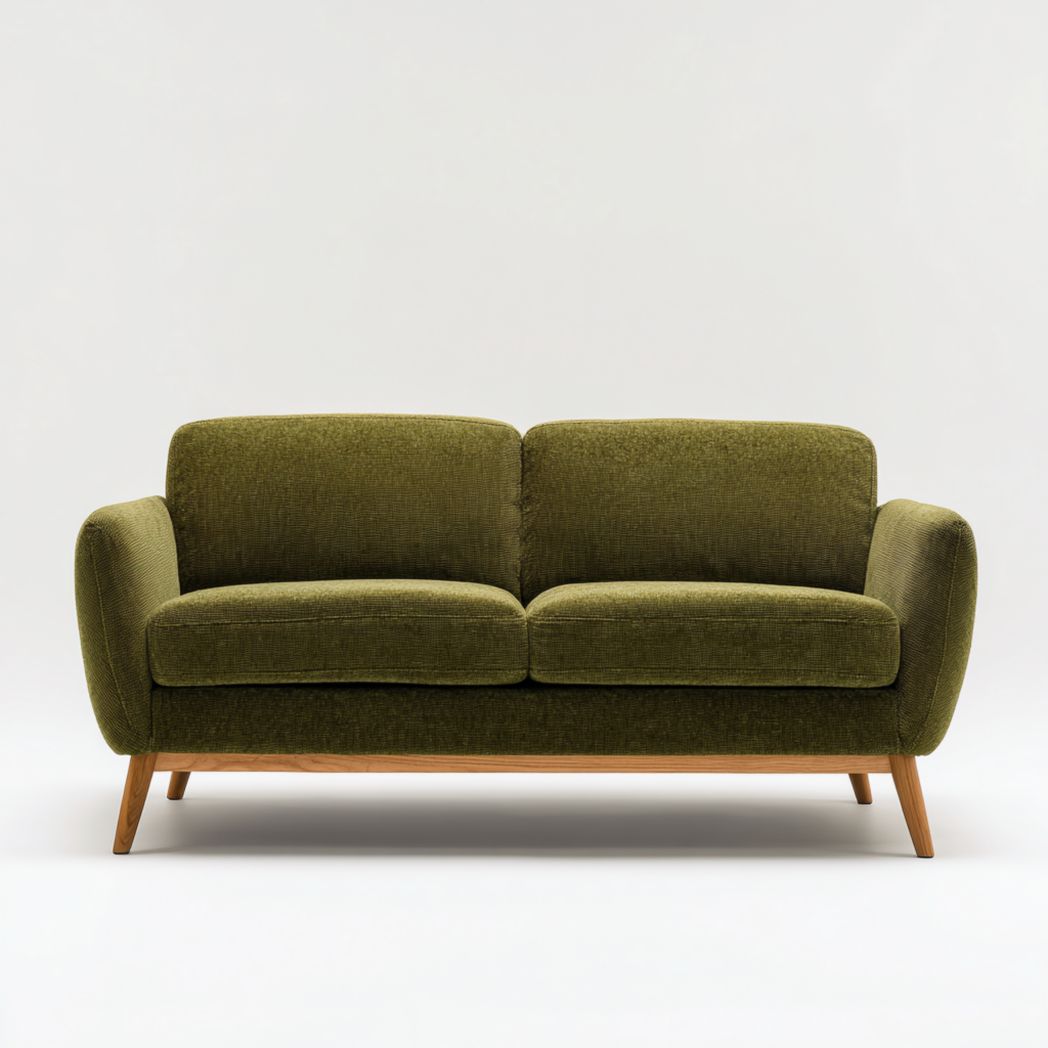 Canapé 2 places en tissu vert olive avec pieds marron clair