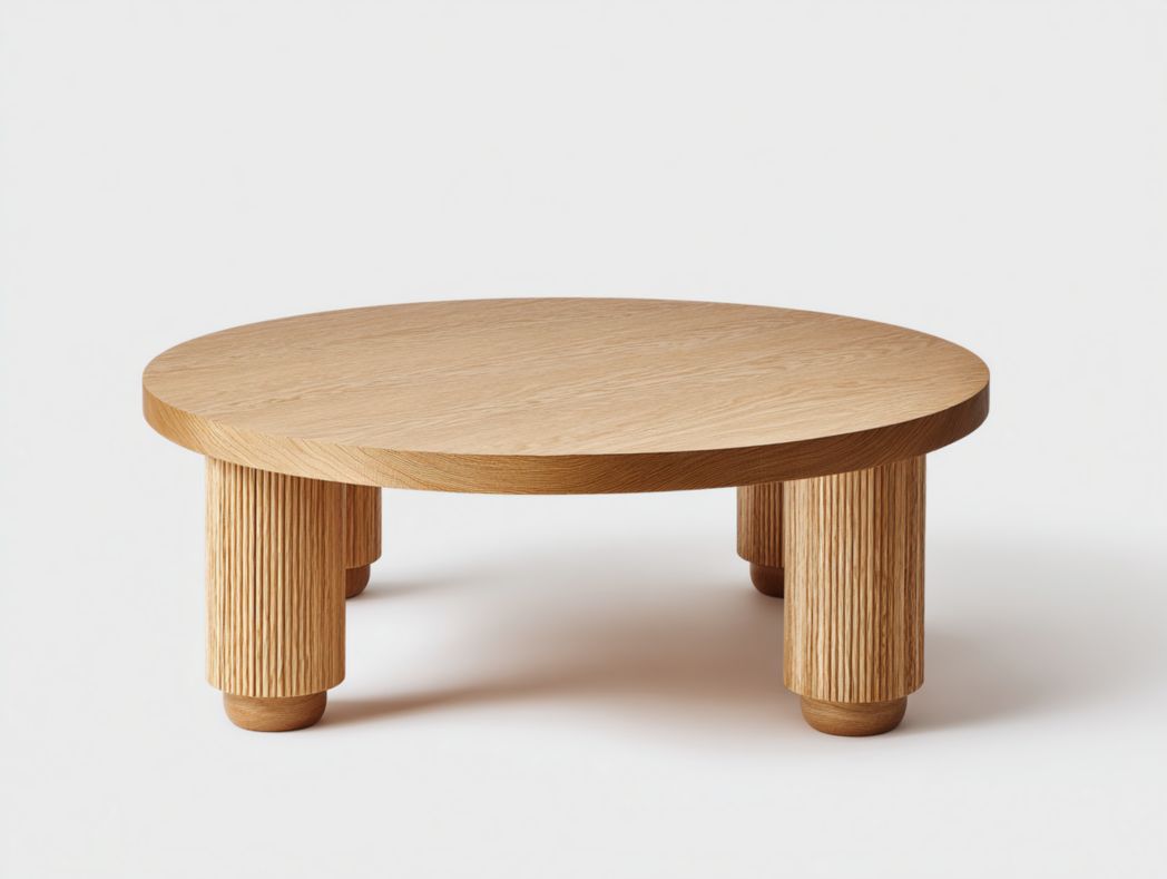 Table basse ronde en bois – pieds sculptés et finition brun clair