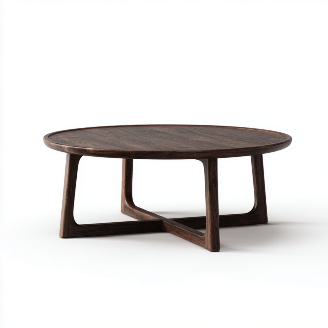 Table basse ronde en bois massif brun foncé avec base croisée