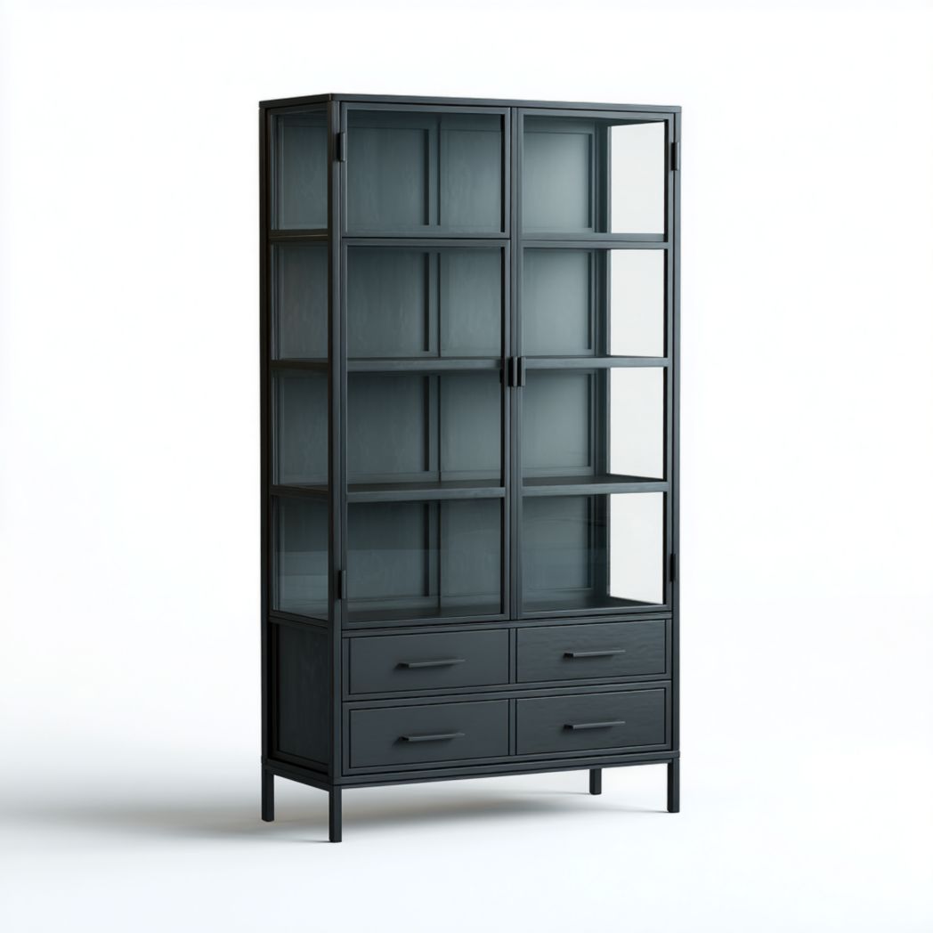 Vitrine de rangement en métal gris foncé avec portes transparentes et tiroirs