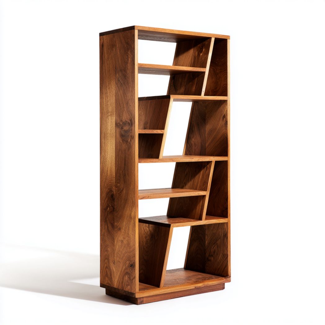 Bibliothèque en bois de noyer à compartiments asymétriques