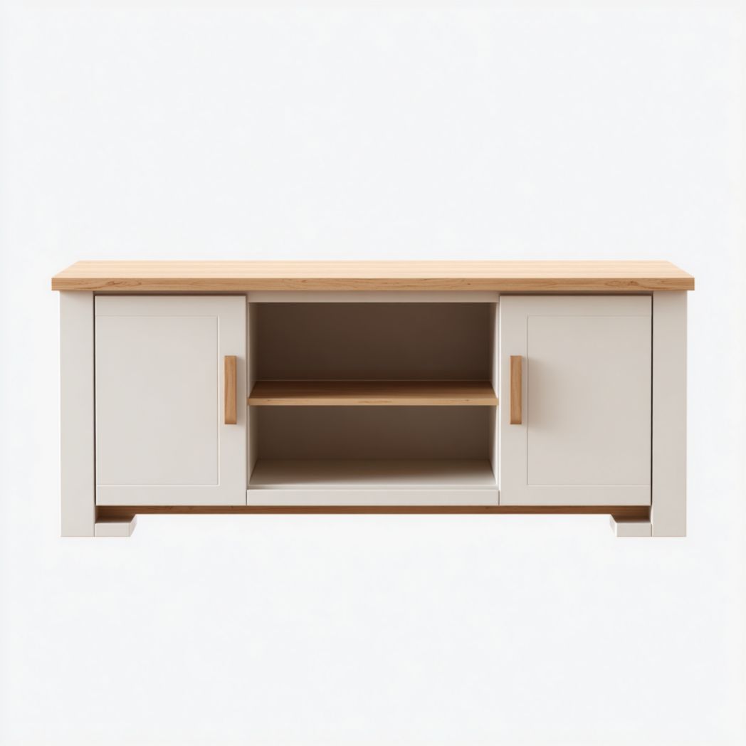 Meuble TV blanc cassé – design bicolore avec poignées marron clair