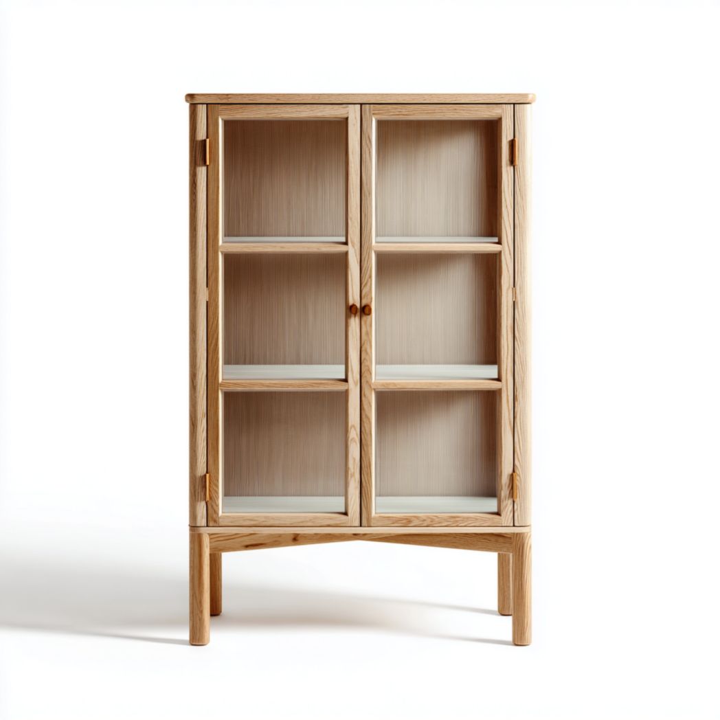 Vitrine en bois massif brun clair avec portes vitrées de rangement et exposition