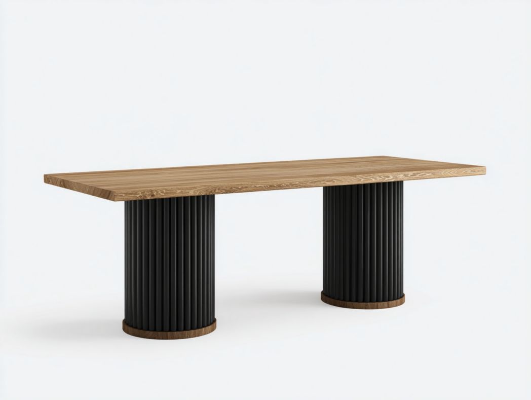Table à manger rectangulaire en chêne massif – Plateau brun clair et base cylindrique noire