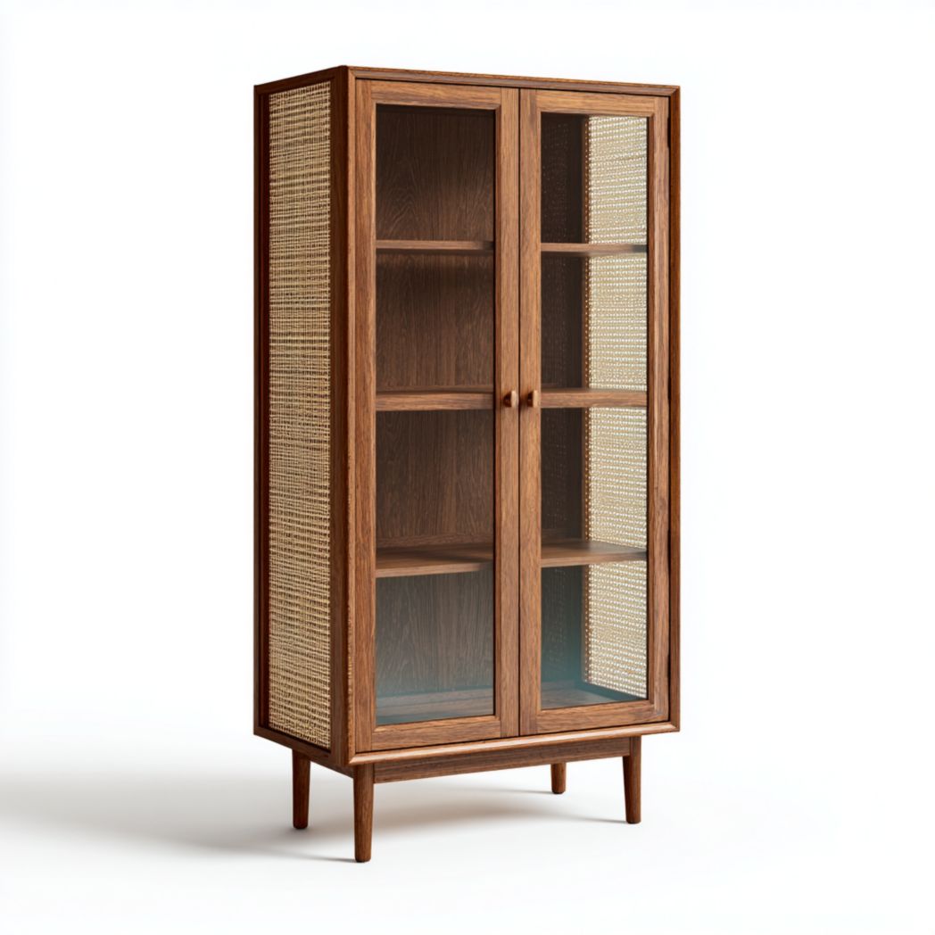 Vitrine en bois massif brun clair et rotin avec portes vitrées