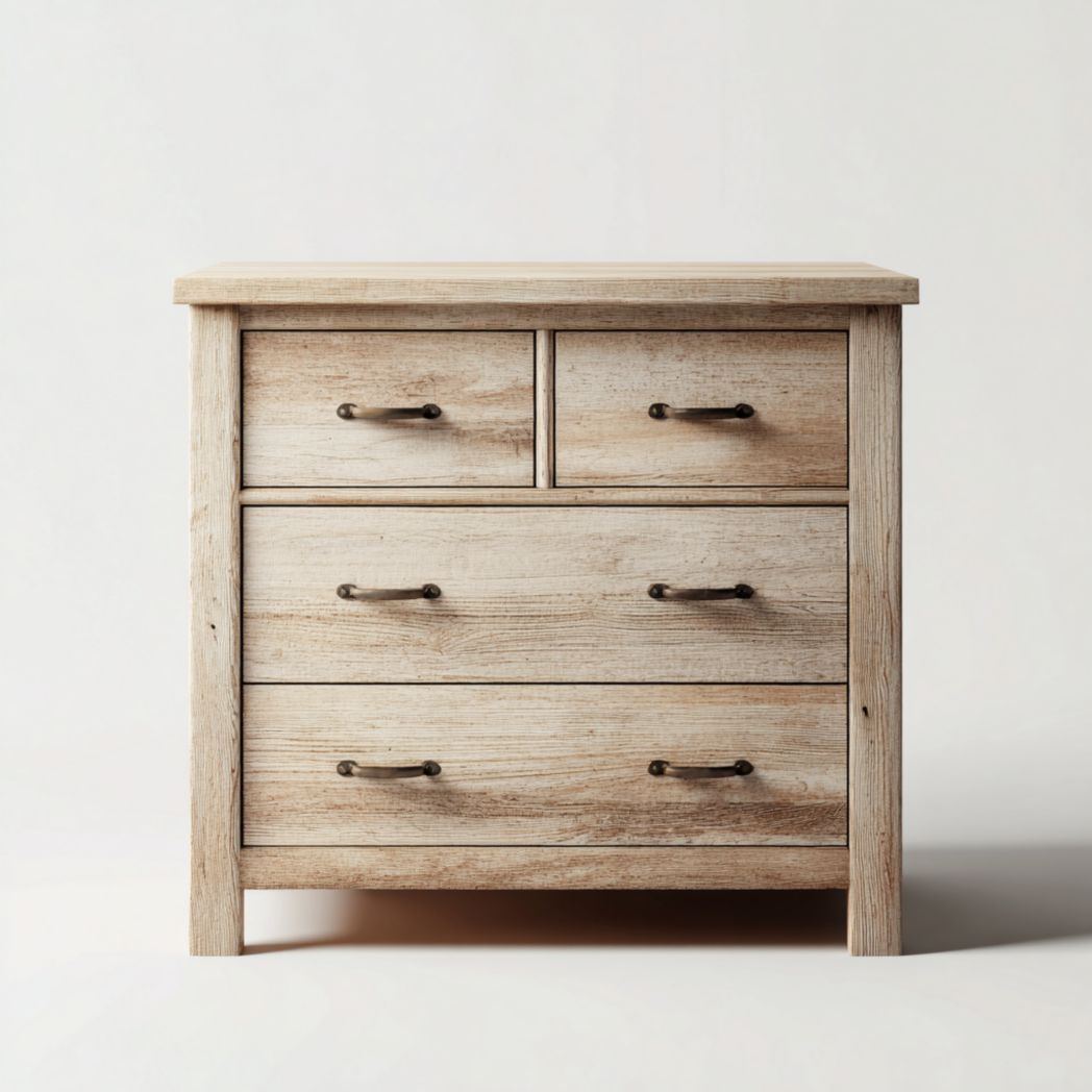 Commode à quatre tiroirs en bois marron clair avec poignées en métal gris foncé