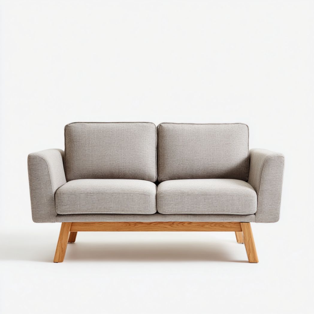 Canapé 2 places en tissu gris clair avec base marron clair