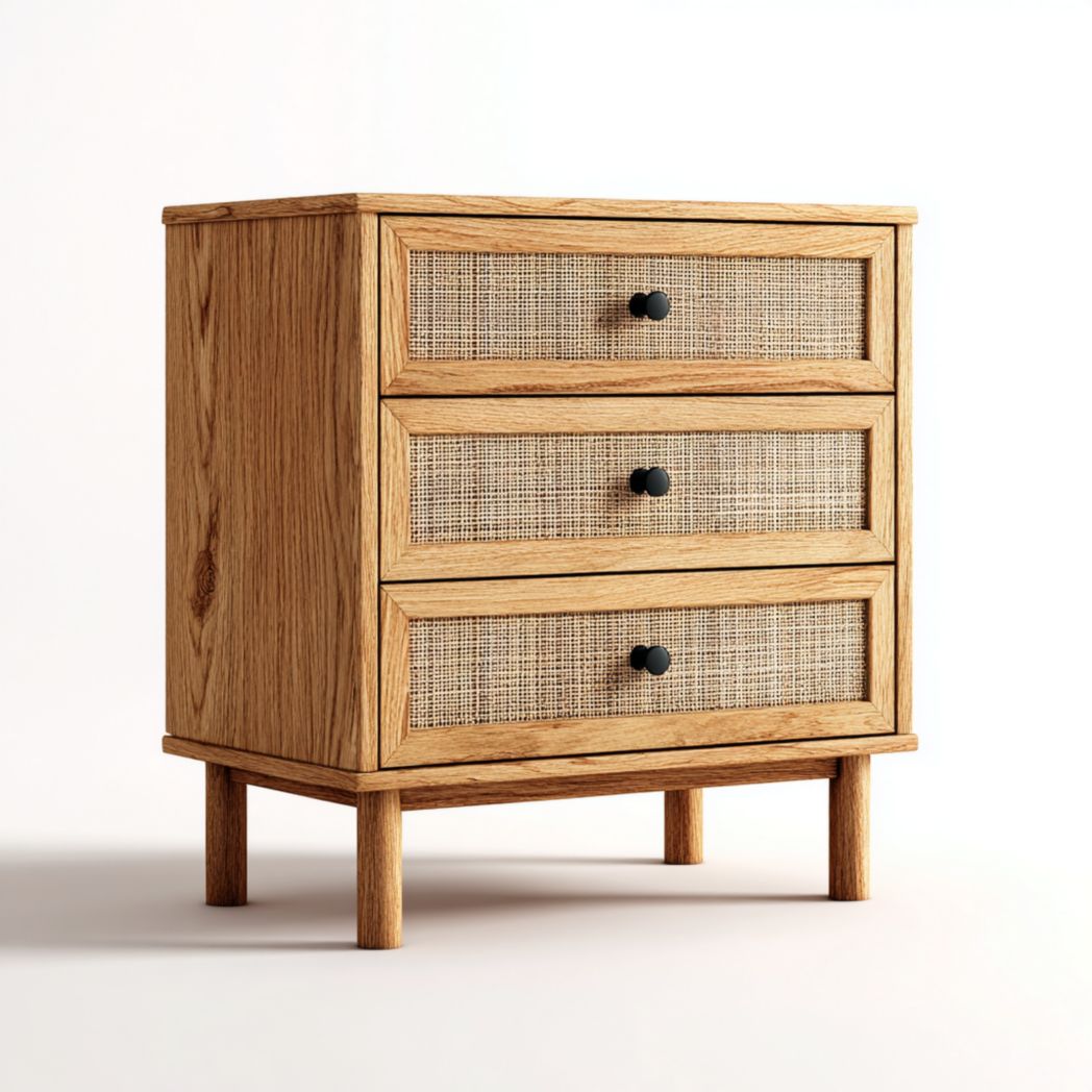 Commode à trois tiroirs en chêne avec plateau en rotin et poignées noires