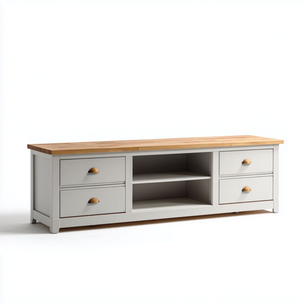 Meuble TV en bois blanc avec quatre tiroirs et étagères ouvertes