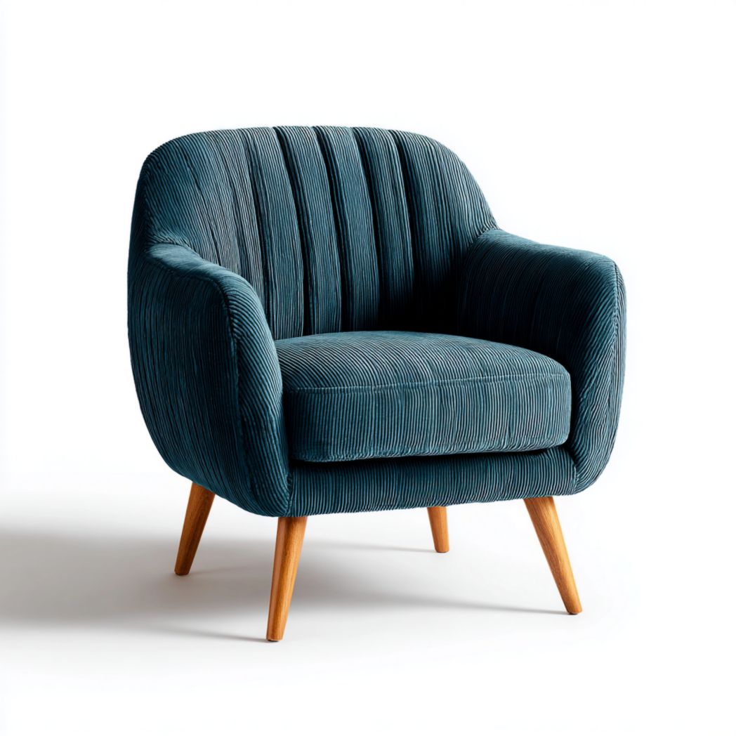 Fauteuil en velours côtelé bleu avec pieds en bois clair