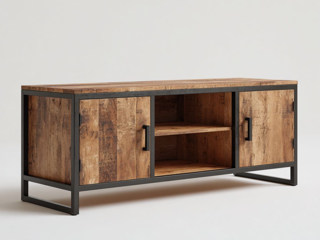 Meuble TV en bois clair avec structure et poignées en métal noir
