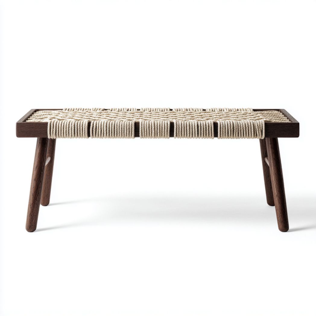 Banc en bois massif brun foncé avec assise en corde tressée