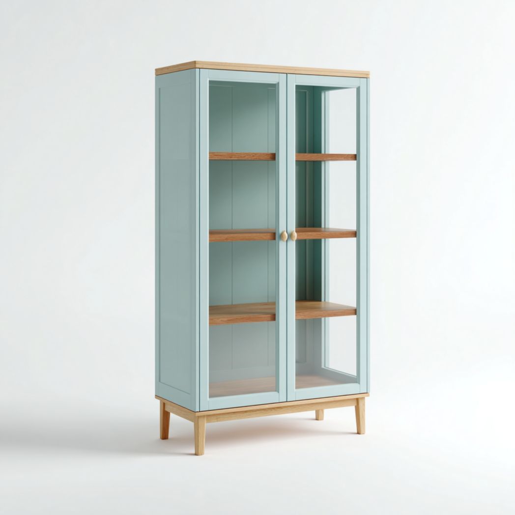Vitrine en bois massif bleu clair avec portes vitrées