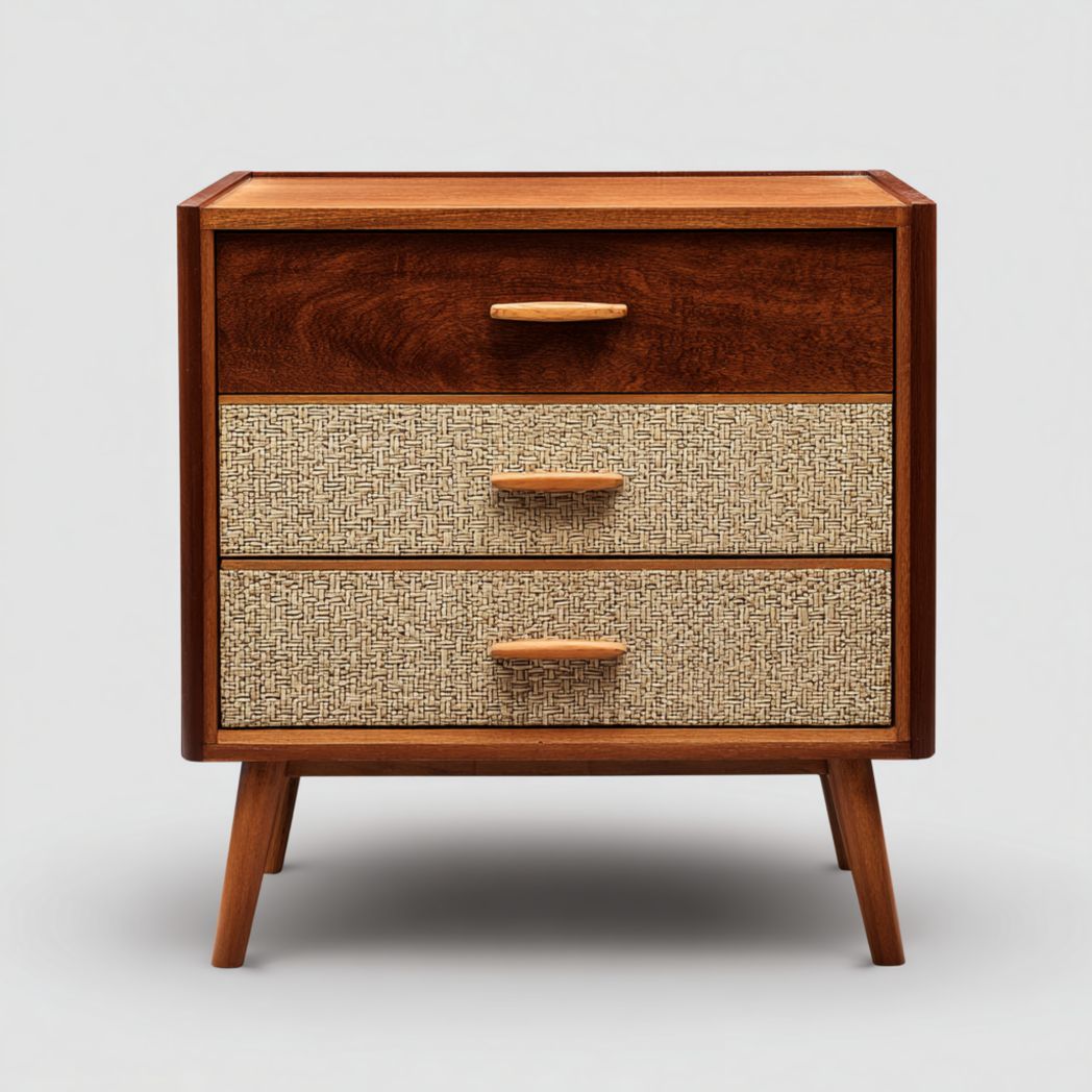 Commode marron et beige à trois tiroirs avec poignées marron clair