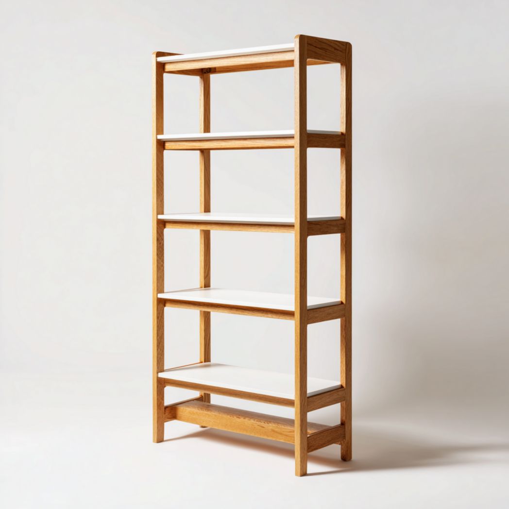 Étagère à quatre niveaux avec cadre en chêne et tablettes blanches