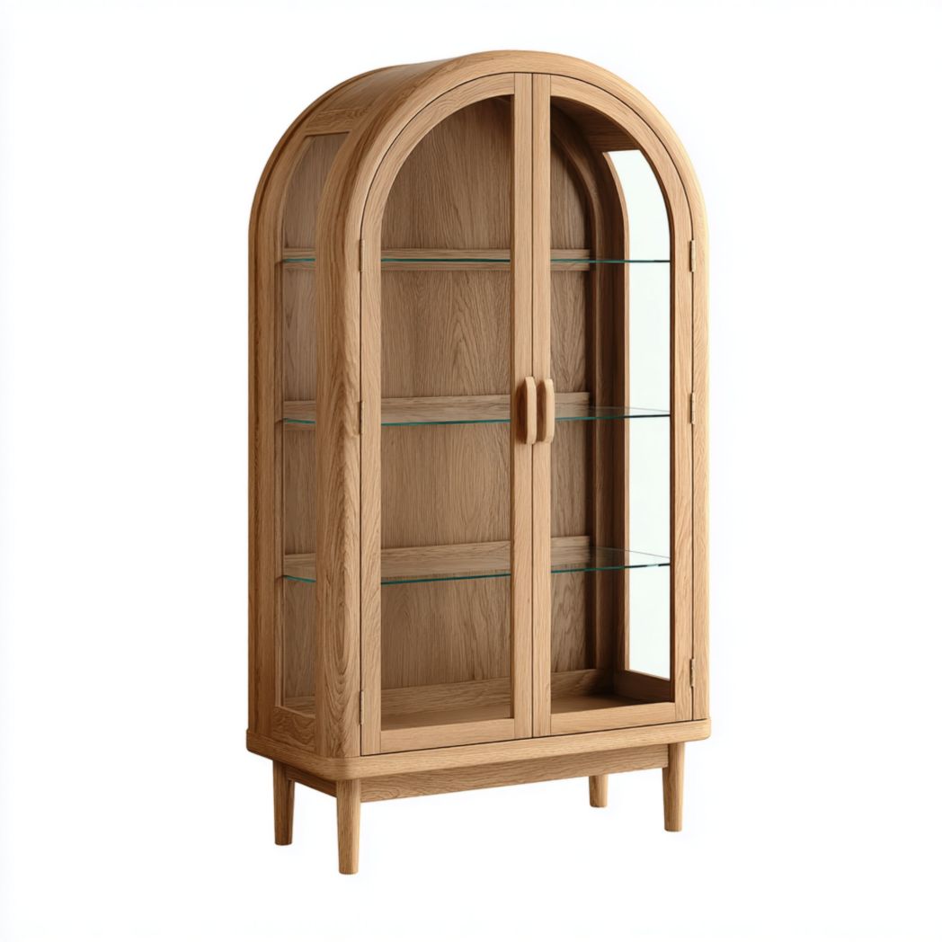 Vitrine de rangement en bois massif brun clair à portes transparentes et forme arrondie