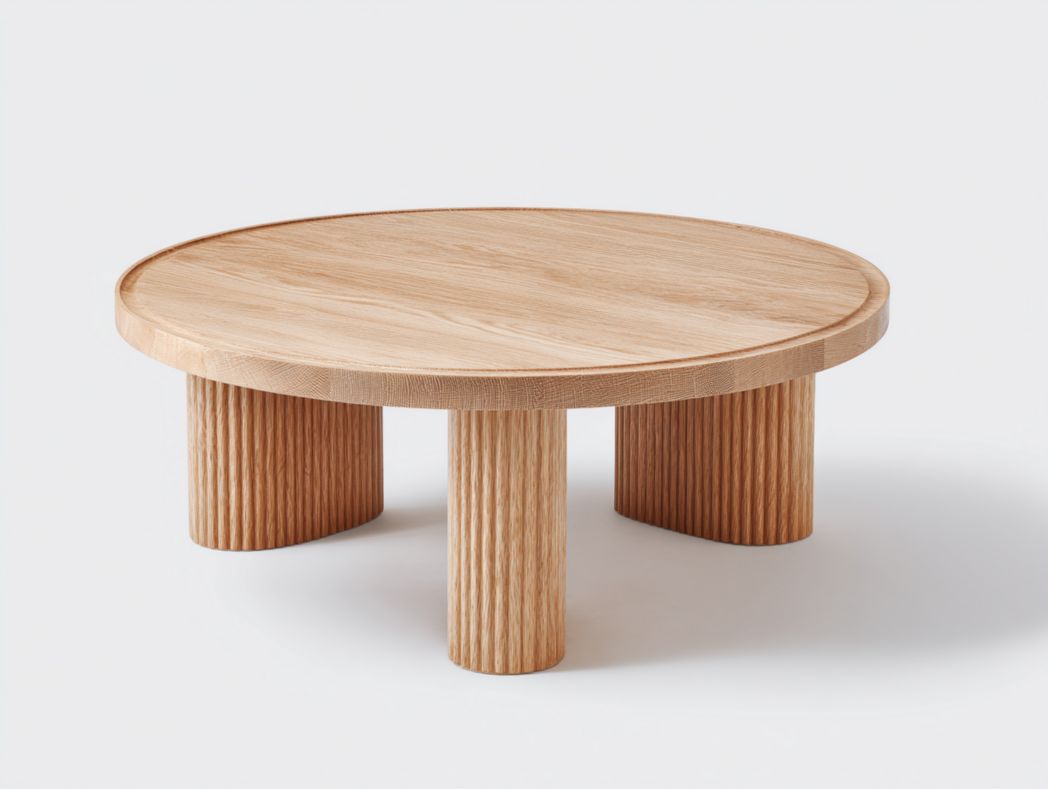 Table basse ronde en bois massif marron clair avec pieds sculptés