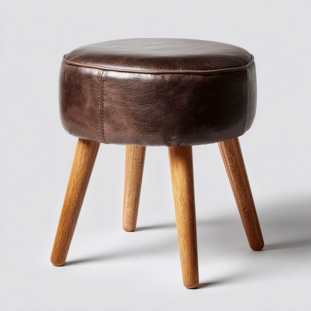 Tabouret rond en cuir marron foncé