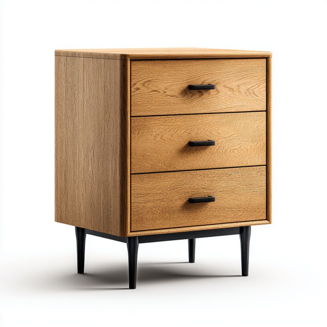 Commode marron à trois tiroirs avec poignées et pieds noirs