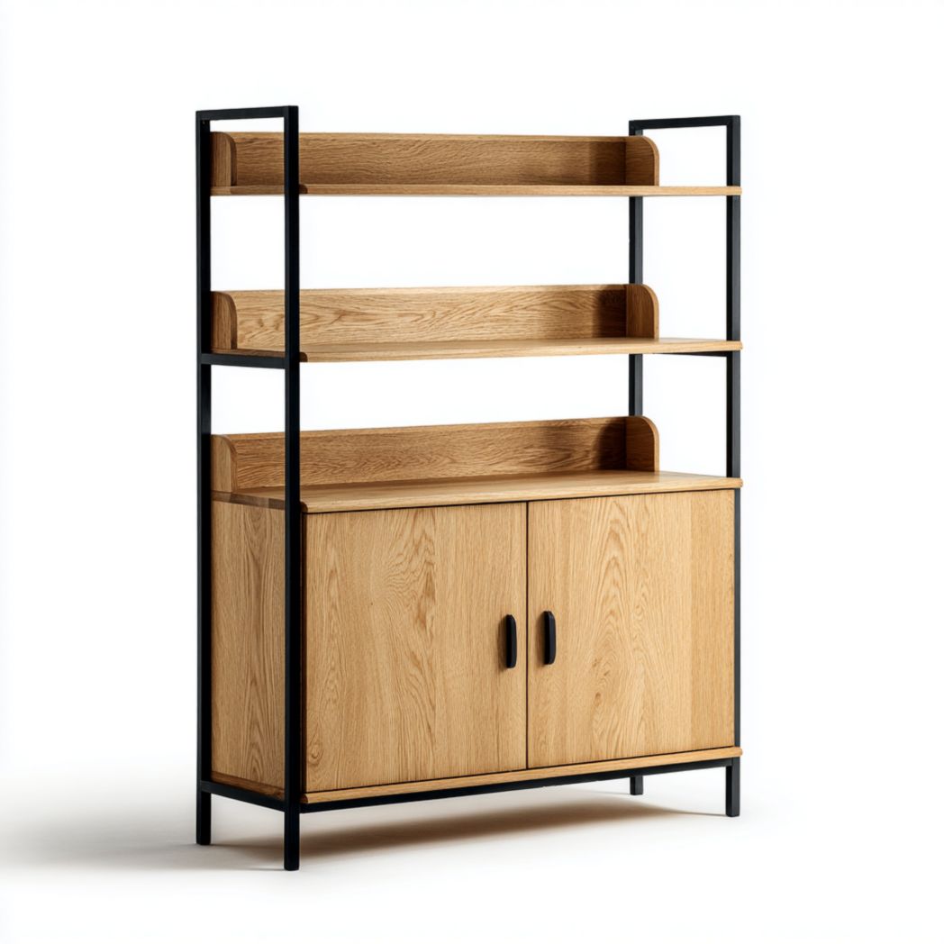 Étagère en bois et métal avec armoire de rangement