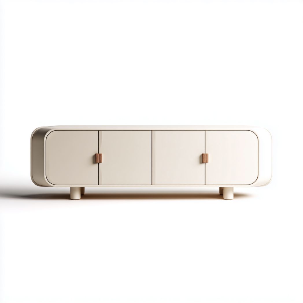 Meuble TV beige clair avec poignées en bois et coins arrondis